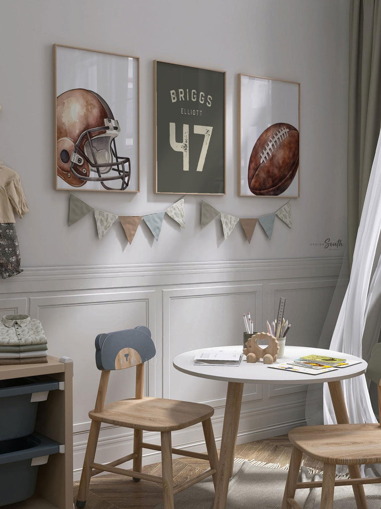 Personalized Football Wall Art Prints Set of 3, Custom Name & Number with Football Helmet, Boys Sports Bedroom or Playroom Decor