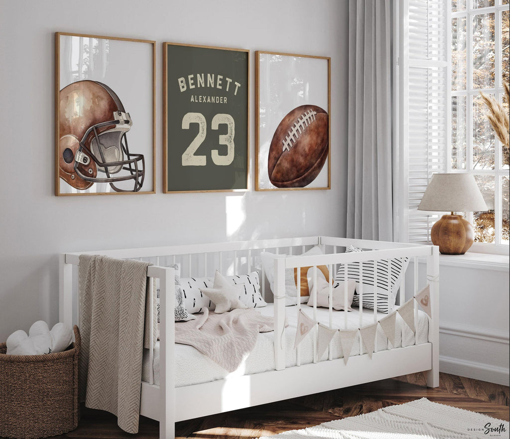 Personalized Football Wall Art Prints Set of 3, Custom Name & Number with Football Helmet, Boys Sports Bedroom or Playroom Decor