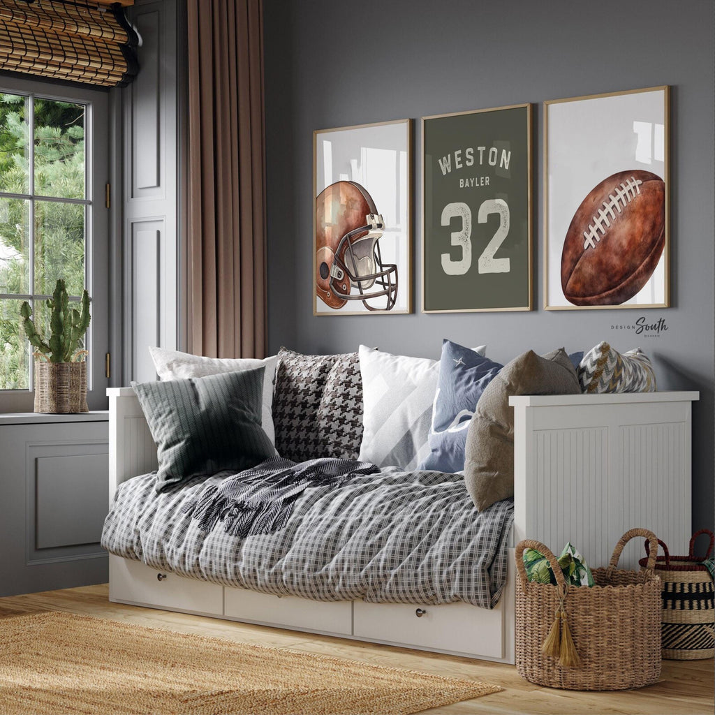 Personalized Football Wall Art Prints Set of 3, Custom Name & Number with Football Helmet, Boys Sports Bedroom or Playroom Decor