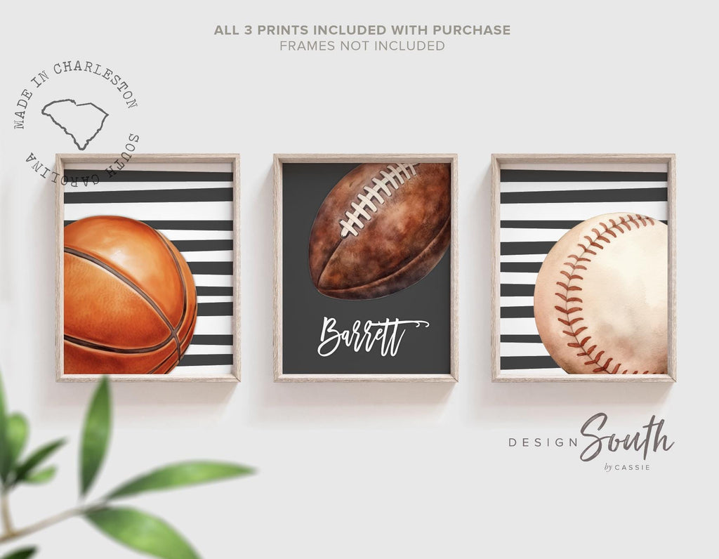 Charcoal Gray Striped Sports Wall Art Set of 3, Personalized Initial & Name with Football, Basketball Baseball, Boys Room Decor