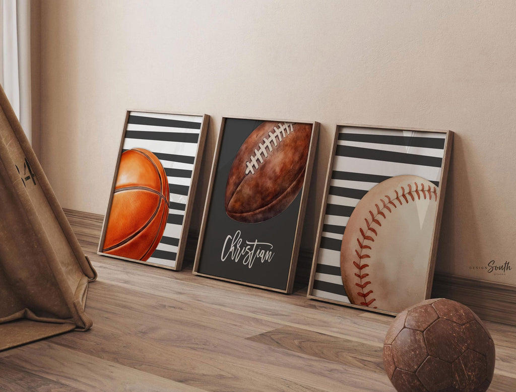 Charcoal Gray Striped Sports Wall Art Set of 3, Personalized Initial & Name with Football, Basketball Baseball, Boys Room Decor