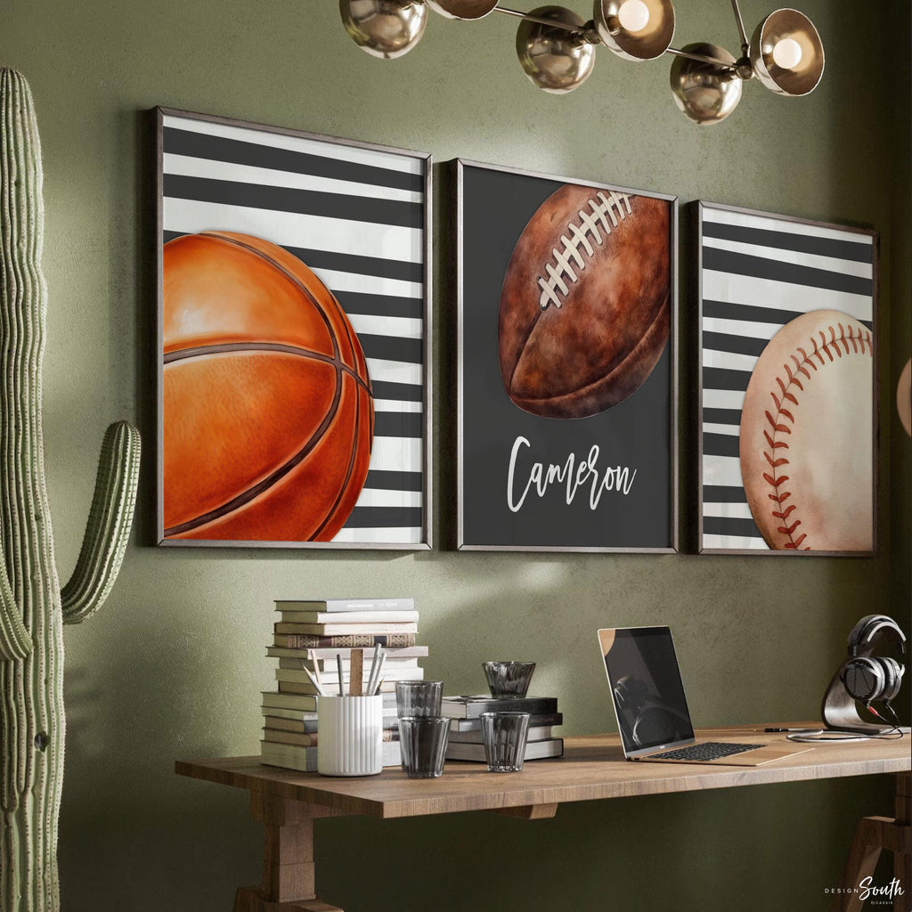 Charcoal Gray Striped Sports Wall Art Set of 3, Personalized Initial & Name with Football, Basketball Baseball, Boys Room Decor