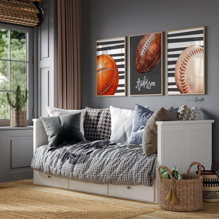 Charcoal Gray Striped Sports Wall Art Set of 3, Personalized Initial & Name with Football, Basketball Baseball, Boys Room Decor
