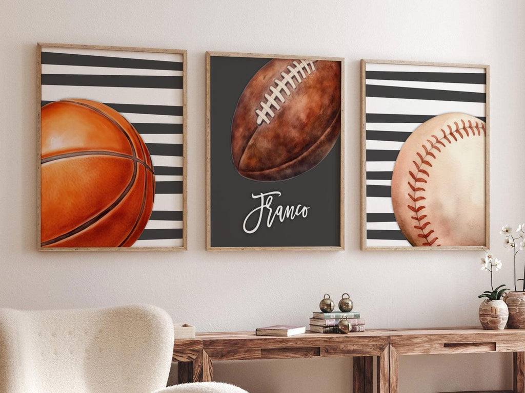 Charcoal Gray Striped Sports Wall Art Set of 3, Personalized Initial & Name with Football, Basketball Baseball, Boys Room Decor