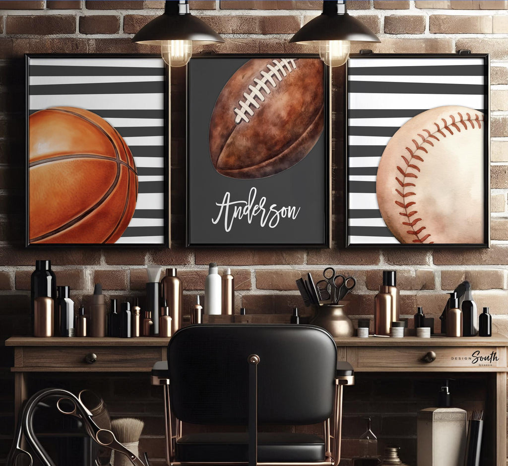 Charcoal Gray Striped Sports Wall Art Set of 3, Personalized Initial & Name with Football, Basketball Baseball, Boys Room Decor