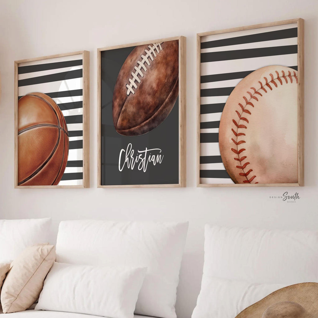 Personalized Boys Sports Wall Art Set of 3, Custom Initial & Name with Football, Basketball and Baseball, Charcoal Gray Striped Decor