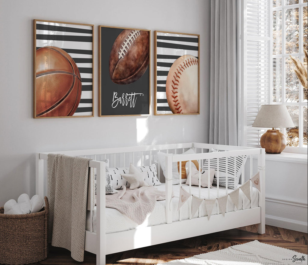 Personalized Boys Sports Wall Art Set of 3, Custom Initial & Name with Football, Basketball and Baseball, Charcoal Gray Striped Decor