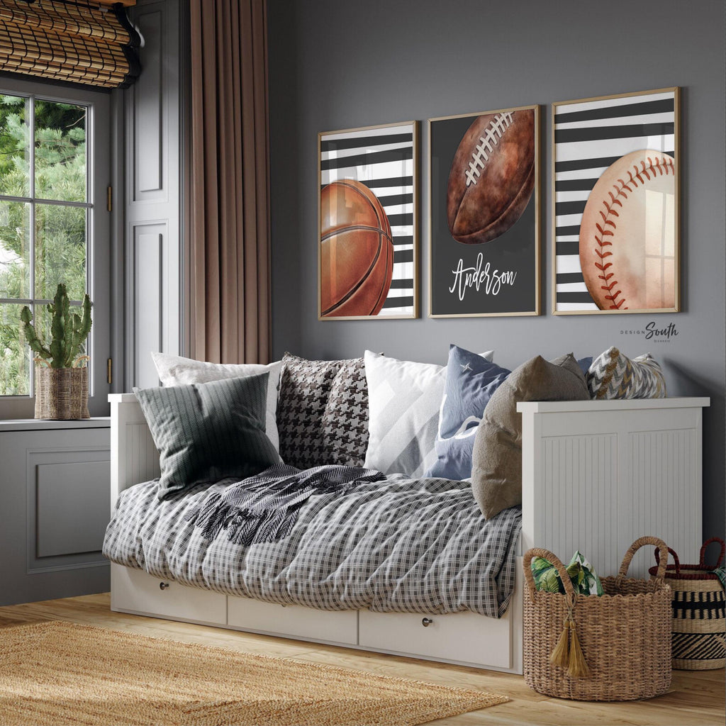 Personalized Boys Sports Wall Art Set of 3, Custom Initial & Name with Football, Basketball and Baseball, Charcoal Gray Striped Decor