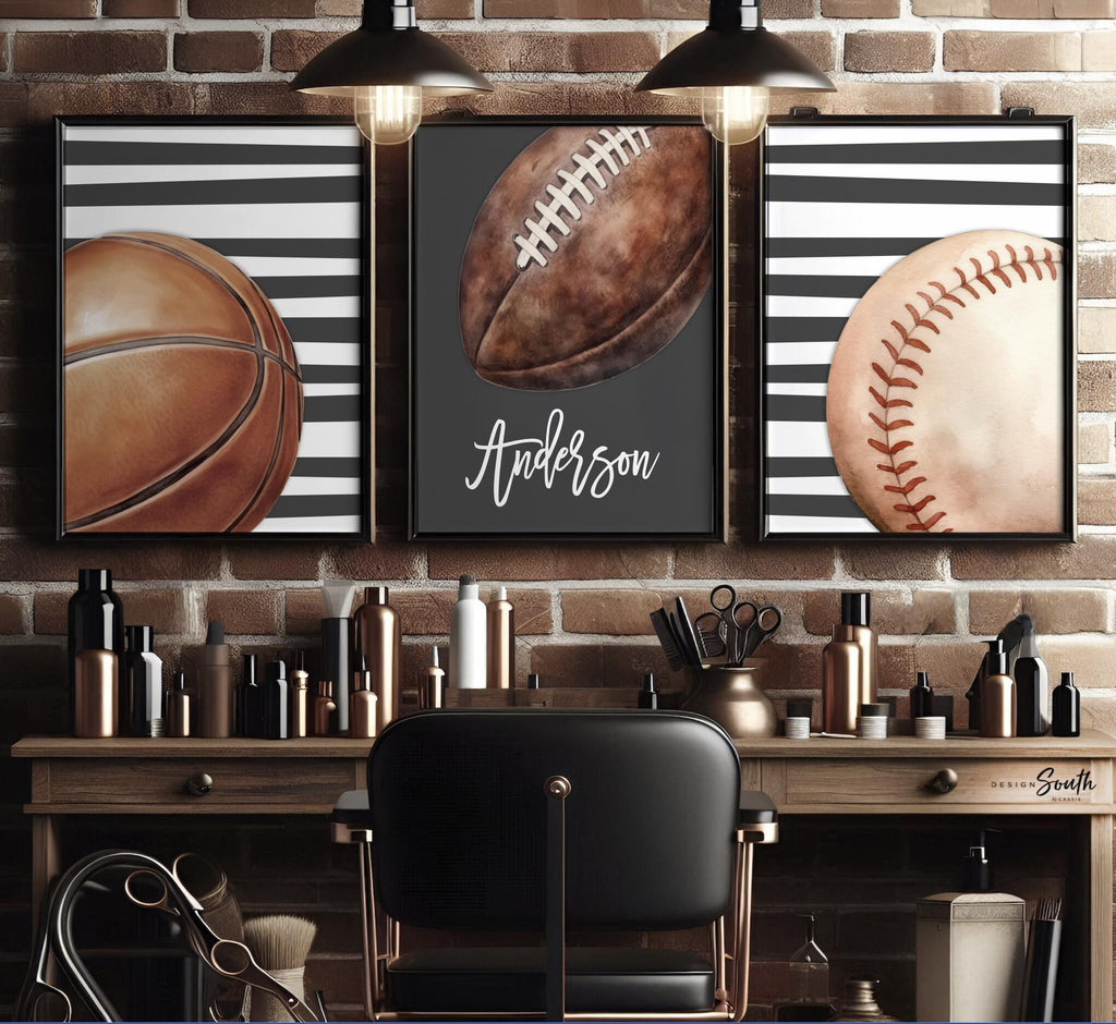 Personalized Boys Sports Wall Art Set of 3, Custom Initial & Name with Football, Basketball and Baseball, Charcoal Gray Striped Decor