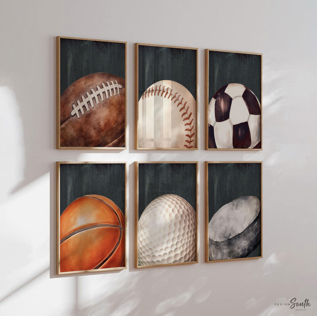 Rustic Vintage Sports Wall Art Set of 6, Distressed Athletic Prints with Basketball, Football, Baseball, Golf, Soccer & Hockey