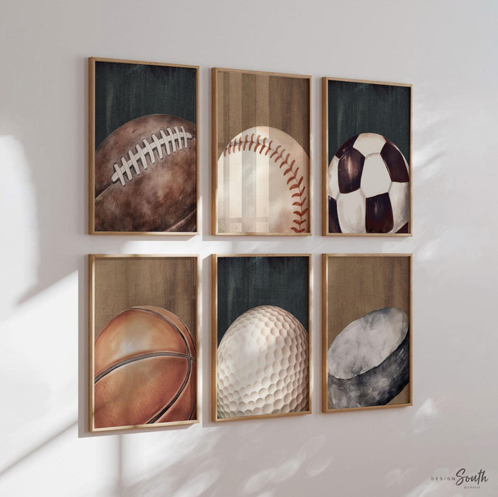 Sports Ball Art Prints – Industrial Style Nursery Decor, Set of 6