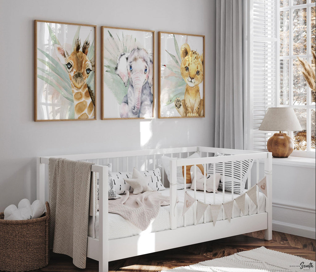 Safari Nursery Art Prints: Lion Cub, Elephant & Giraffe - Tropical Decor
