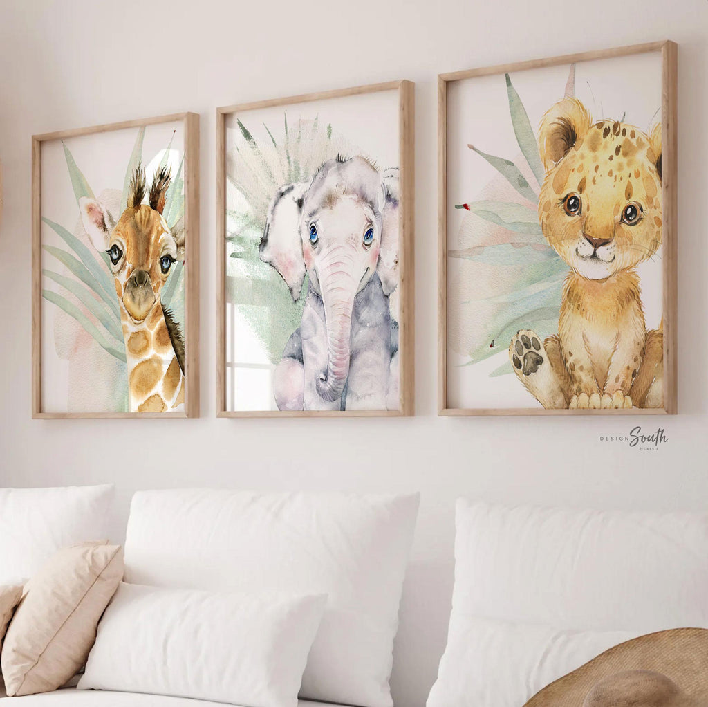 Safari Nursery Art Prints: Lion Cub, Elephant & Giraffe - Tropical Decor