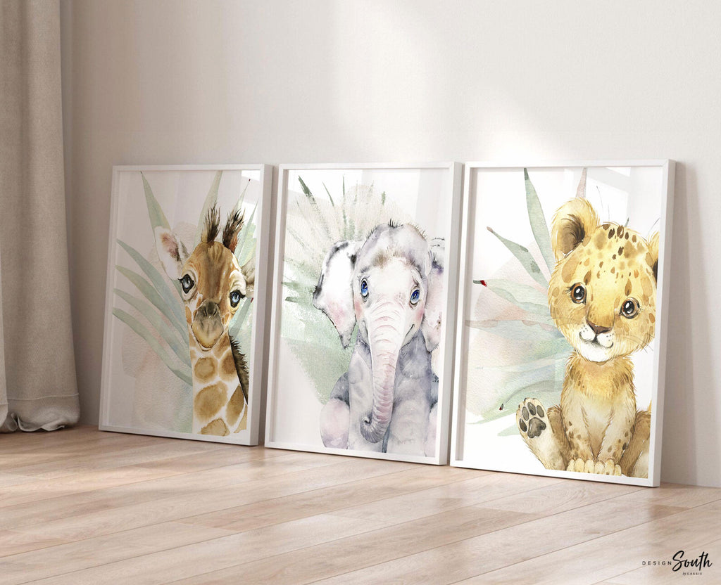 Safari Nursery Art Prints: Lion Cub, Elephant & Giraffe - Tropical Decor