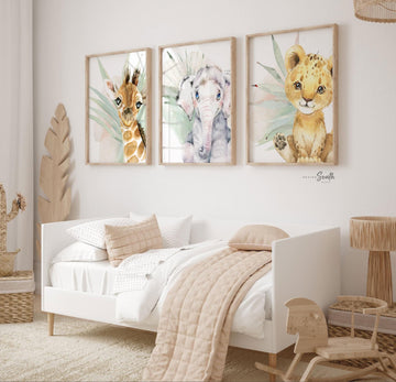 Safari Nursery Art Prints: Lion Cub, Elephant & Giraffe - Tropical Decor