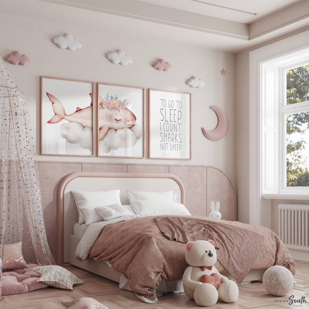Girl Pink Shark Nursery Art Prints: Watercolor Ocean Theme, &#39;To Go To Sleep I Count Sharks Not Sheep&#39; Quote