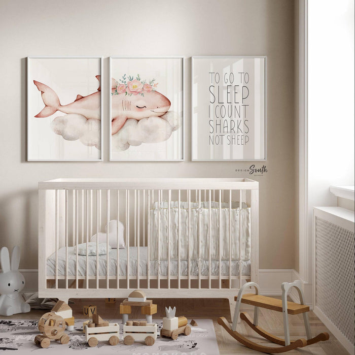 Girl Pink Shark Nursery Art Prints: Watercolor Ocean Theme, 'To Go To Sleep I Count Sharks Not Sheep' Quote