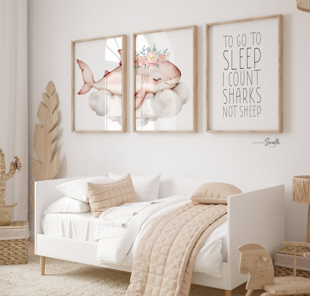 Girl Pink Shark Nursery Art Prints: Watercolor Ocean Theme, &#39;To Go To Sleep I Count Sharks Not Sheep&#39; Quote