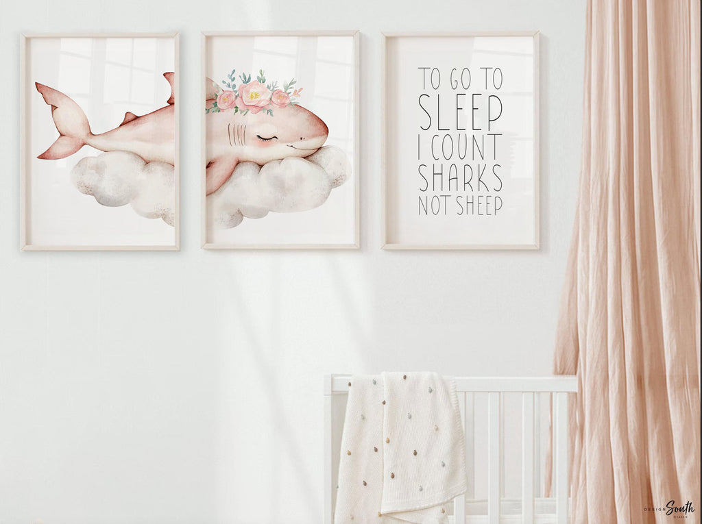 Girl Pink Shark Nursery Art Prints: Watercolor Ocean Theme, &#39;To Go To Sleep I Count Sharks Not Sheep&#39; Quote