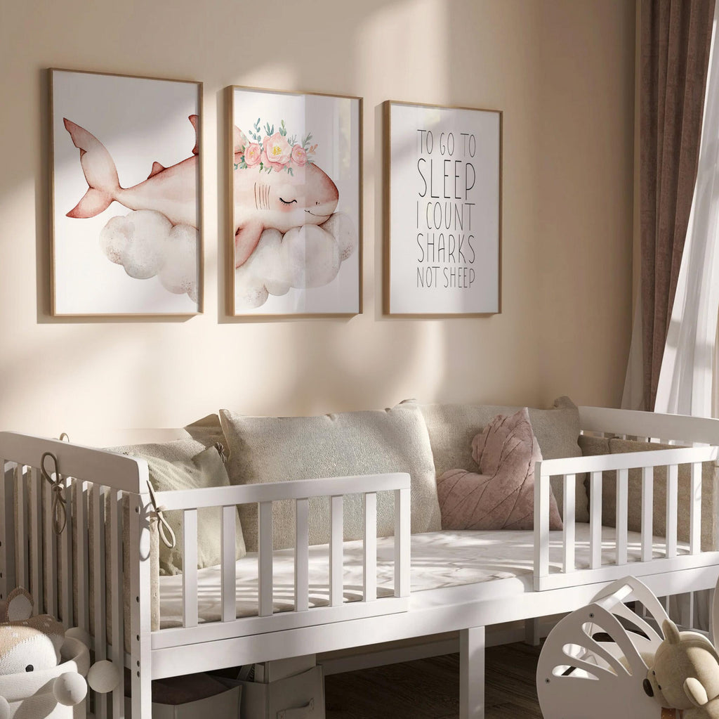 Girl Pink Shark Nursery Art Prints: Watercolor Ocean Theme, &#39;To Go To Sleep I Count Sharks Not Sheep&#39; Quote