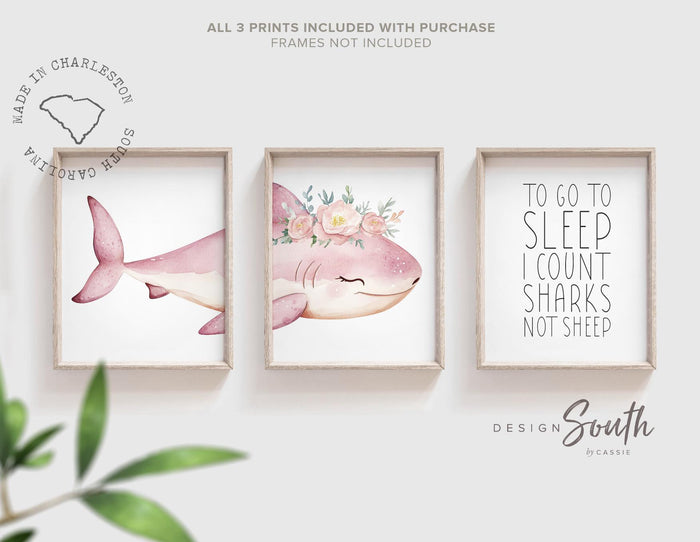 Pink Shark Wall Art for Girls: Watercolor Ocean Nursery Prints with 'To Go To Sleep I Count Sharks Not Sheep' Quote