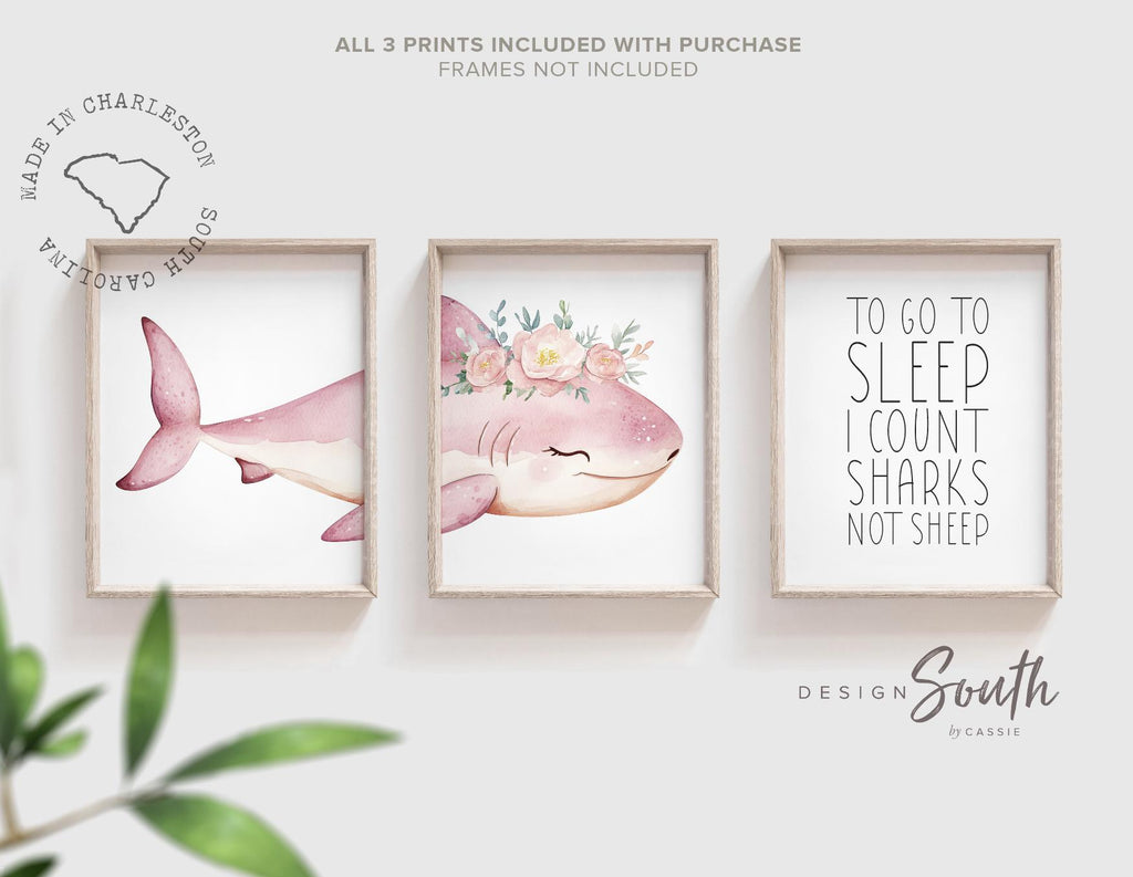 Girl Pink Shark Nursery Art Prints: Watercolor Ocean Theme, &#39;To Go To Sleep I Count Sharks Not Sheep&#39; Quote