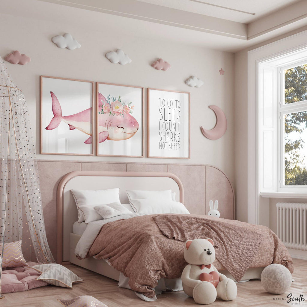 Girl Pink Shark Nursery Art Prints: Watercolor Ocean Theme, &#39;To Go To Sleep I Count Sharks Not Sheep&#39; Quote