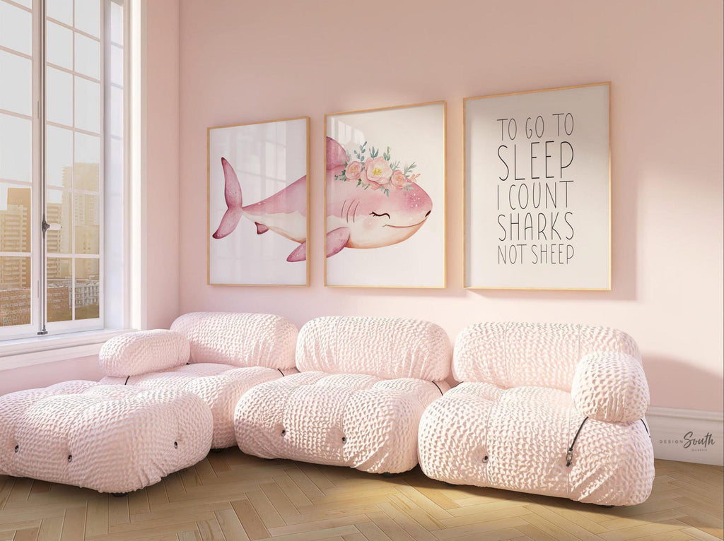 Girl Pink Shark Nursery Art Prints: Watercolor Ocean Theme, &#39;To Go To Sleep I Count Sharks Not Sheep&#39; Quote