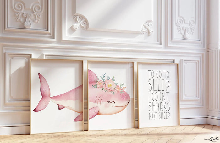 Pink Shark Wall Art for Girls: Watercolor Ocean Nursery Prints with 'To Go To Sleep I Count Sharks Not Sheep' Quote