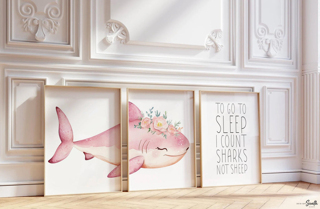 Girl Pink Shark Nursery Art Prints: Watercolor Ocean Theme, &#39;To Go To Sleep I Count Sharks Not Sheep&#39; Quote