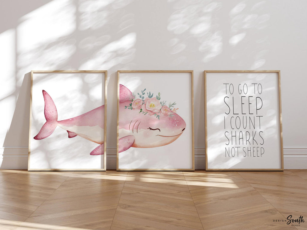 Girl Pink Shark Nursery Art Prints: Watercolor Ocean Theme, &#39;To Go To Sleep I Count Sharks Not Sheep&#39; Quote