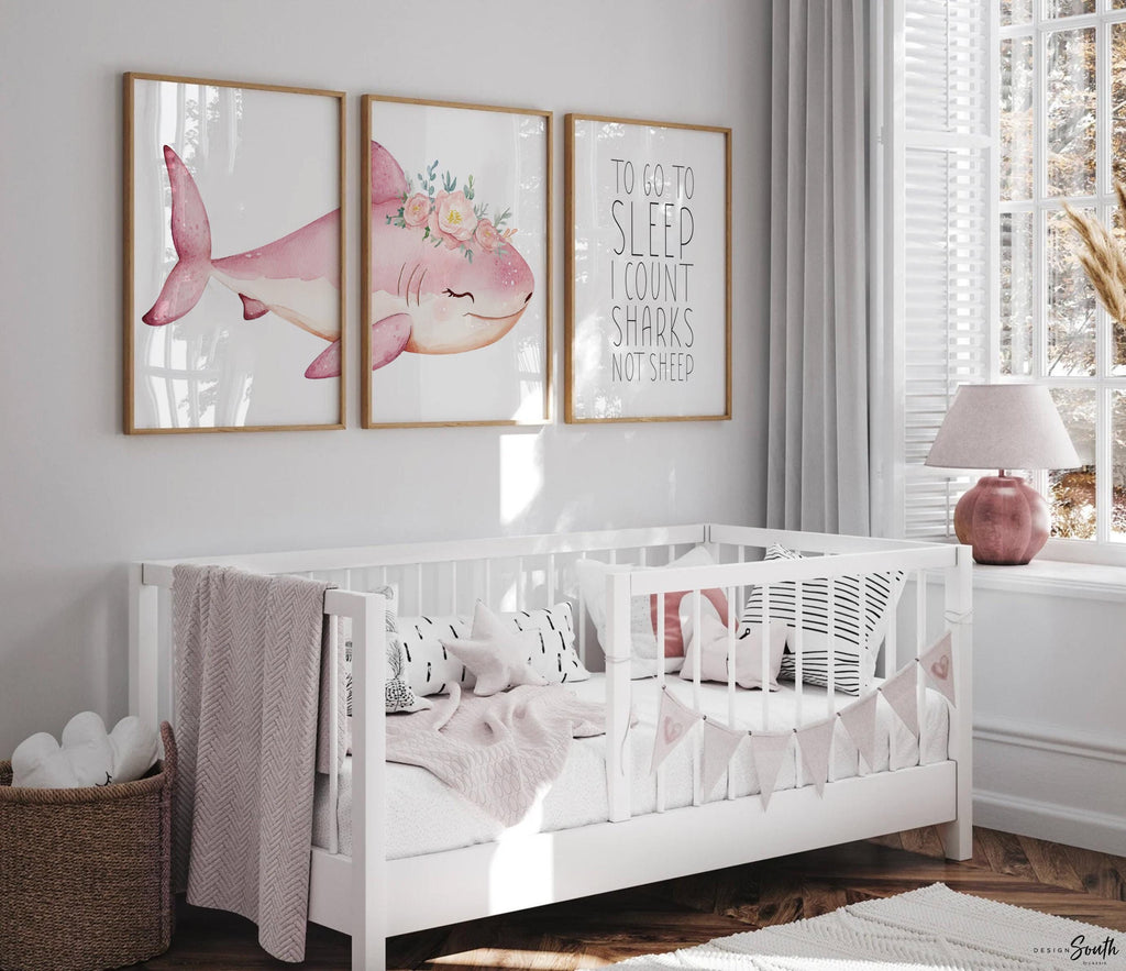 Girl Pink Shark Nursery Art Prints: Watercolor Ocean Theme, &#39;To Go To Sleep I Count Sharks Not Sheep&#39; Quote