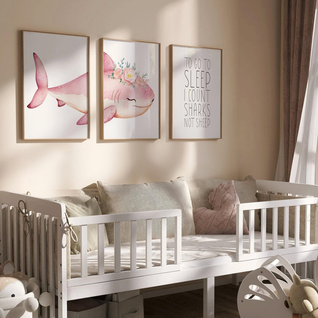 Girl Pink Shark Nursery Art Prints: Watercolor Ocean Theme, &#39;To Go To Sleep I Count Sharks Not Sheep&#39; Quote