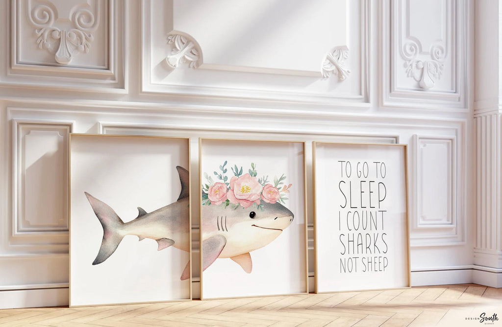 Whimsical Pink Shark Nursery Wall Art: Ocean-Inspired Prints with Bedtime Quote for Girls Room