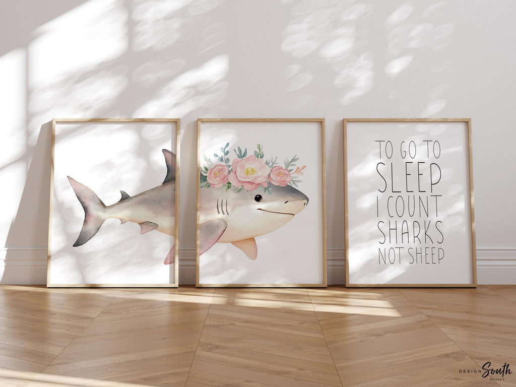 Whimsical Pink Shark Nursery Wall Art: Ocean-Inspired Prints with Bedtime Quote for Girls Room