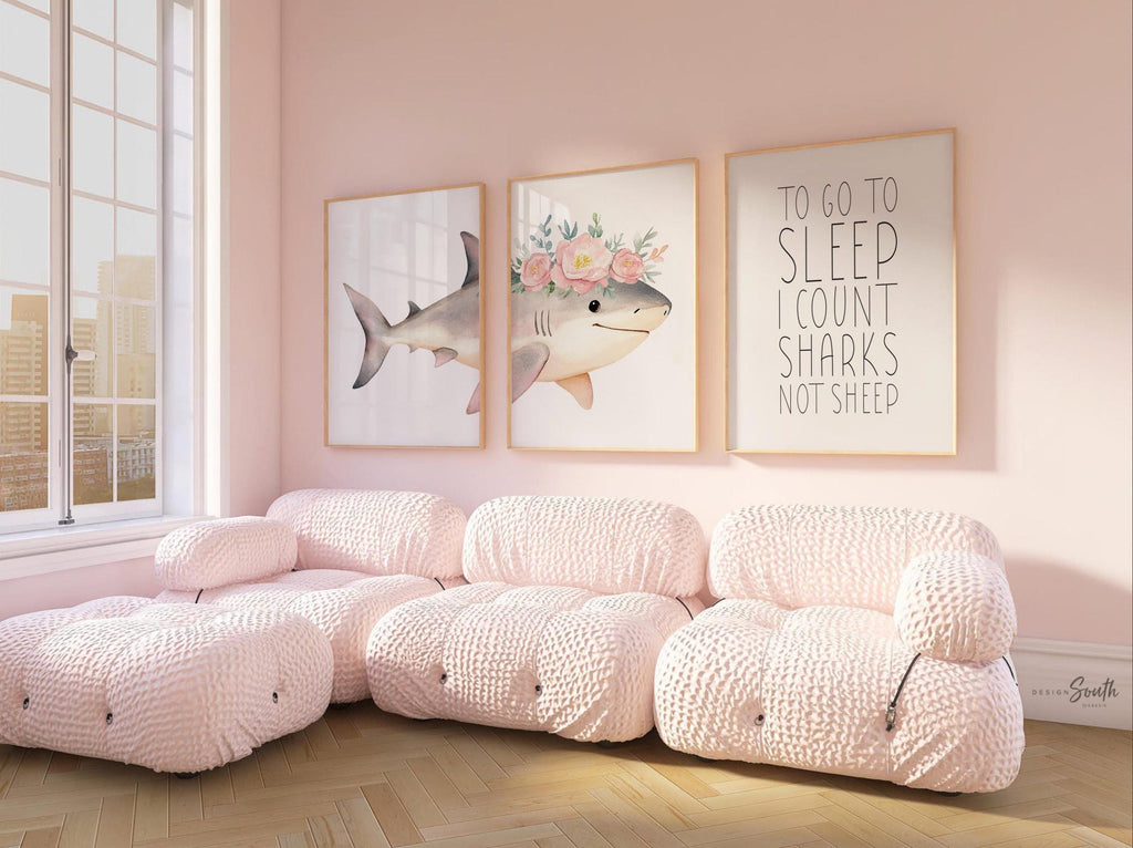 Whimsical Pink Shark Nursery Wall Art: Ocean-Inspired Prints with Bedtime Quote for Girls Room