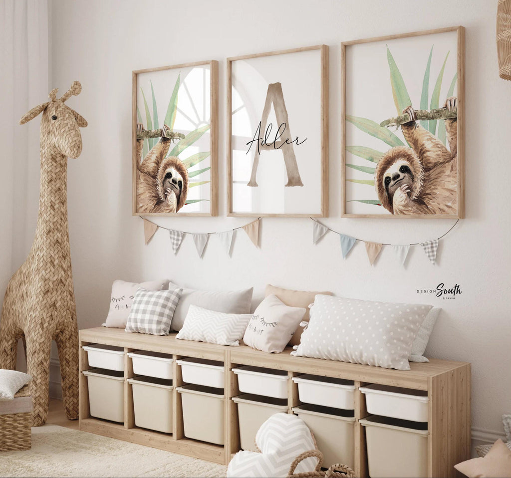 Sloth Nursery Wall Art for Boys: Tropical Watercolor Prints with Personalized Name
