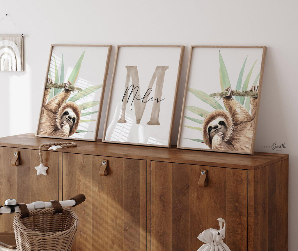 Sloth Nursery Wall Art for Boys: Tropical Watercolor Prints with Personalized Name
