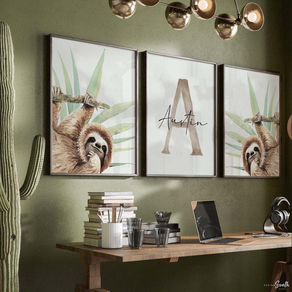 Sloth Nursery Wall Art for Boys: Tropical Watercolor Prints with Personalized Name