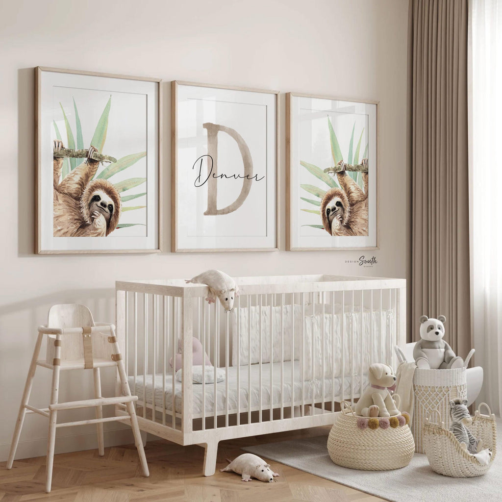 Sloth Nursery Wall Art for Boys: Tropical Watercolor Prints with Personalized Name