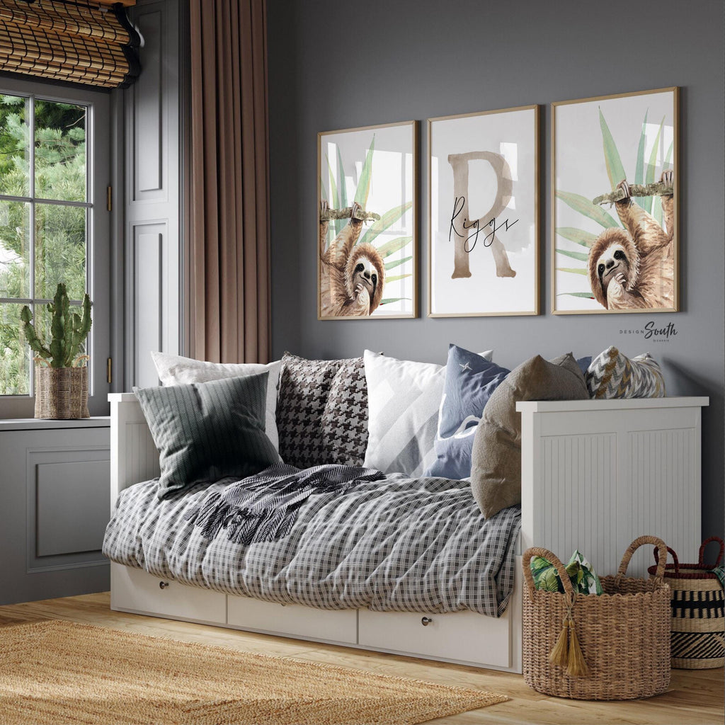 Sloth Nursery Wall Art for Boys: Tropical Watercolor Prints with Personalized Name