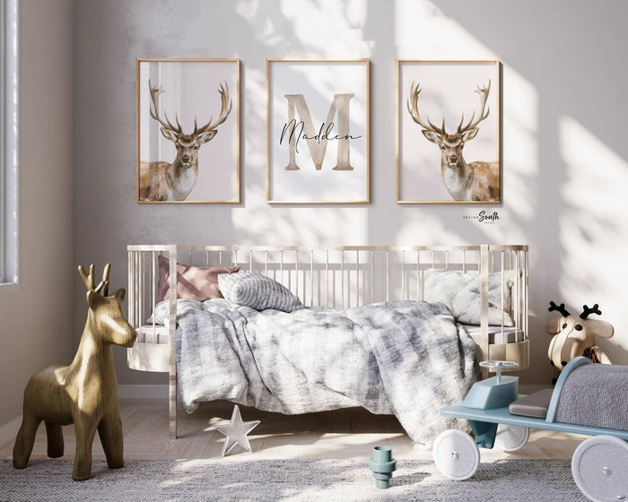 Hunter Nursery Wall Art Set of 3, Personalized Boys Name & Initial Prints, Watercolor Deer Decor, Neutral Forest Bedroom