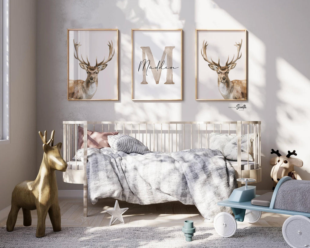 Hunter Nursery Wall Art Set of 3, Personalized Boys Name & Initial Prints, Watercolor Deer Decor, Neutral Forest Bedroom