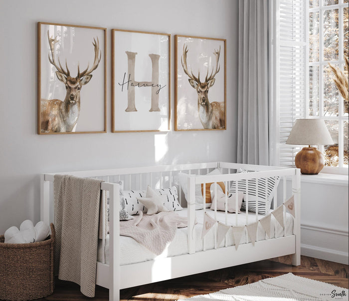 Hunter Nursery Wall Art Set of 3, Personalized Boys Name & Initial Prints, Watercolor Deer Decor, Neutral Forest Bedroom
