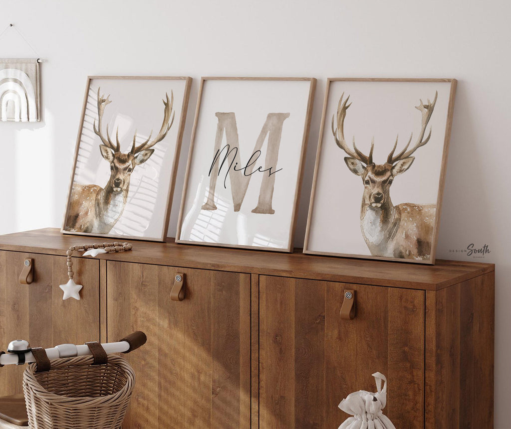 Hunter Nursery Wall Art Set of 3, Personalized Boys Name & Initial Prints, Watercolor Deer Decor, Neutral Forest Bedroom