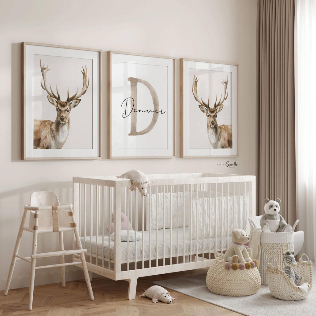 Hunter Nursery Wall Art Set of 3, Personalized Boys Name & Initial Prints, Watercolor Deer Decor, Neutral Forest Bedroom