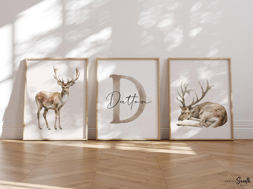 Set of 3 Deer Wall Art Prints, Personalized Boys Name & Initial, Watercolor Buck Nursery Decor, Neutral Earthy Forest Bedroom