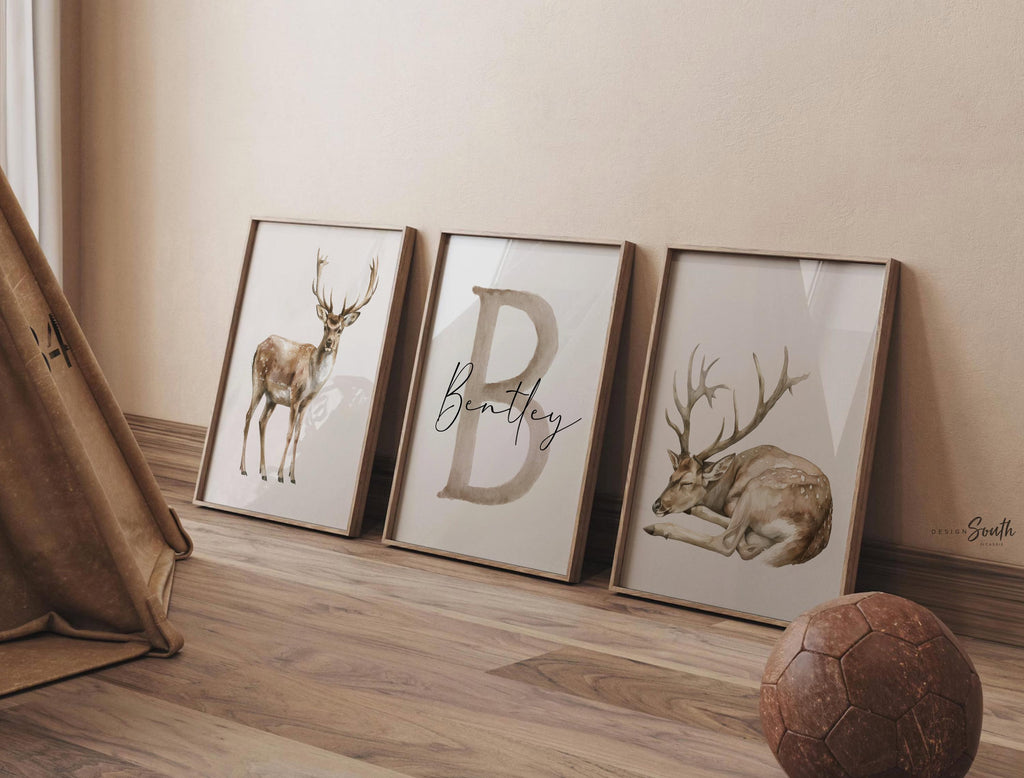 Set of 3 Deer Wall Art Prints, Personalized Boys Name & Initial, Watercolor Buck Nursery Decor, Neutral Earthy Forest Bedroom