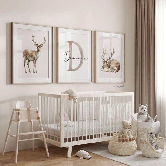 Set of 3 Deer Wall Art Prints, Personalized Boys Name & Initial, Watercolor Buck Nursery Decor, Neutral Earthy Forest Bedroom