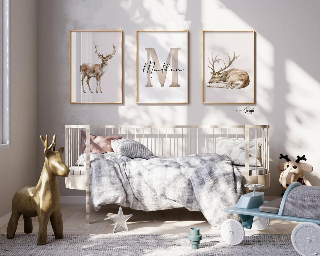 Set of 3 Deer Wall Art Prints, Personalized Boys Name & Initial, Watercolor Buck Nursery Decor, Neutral Earthy Forest Bedroom